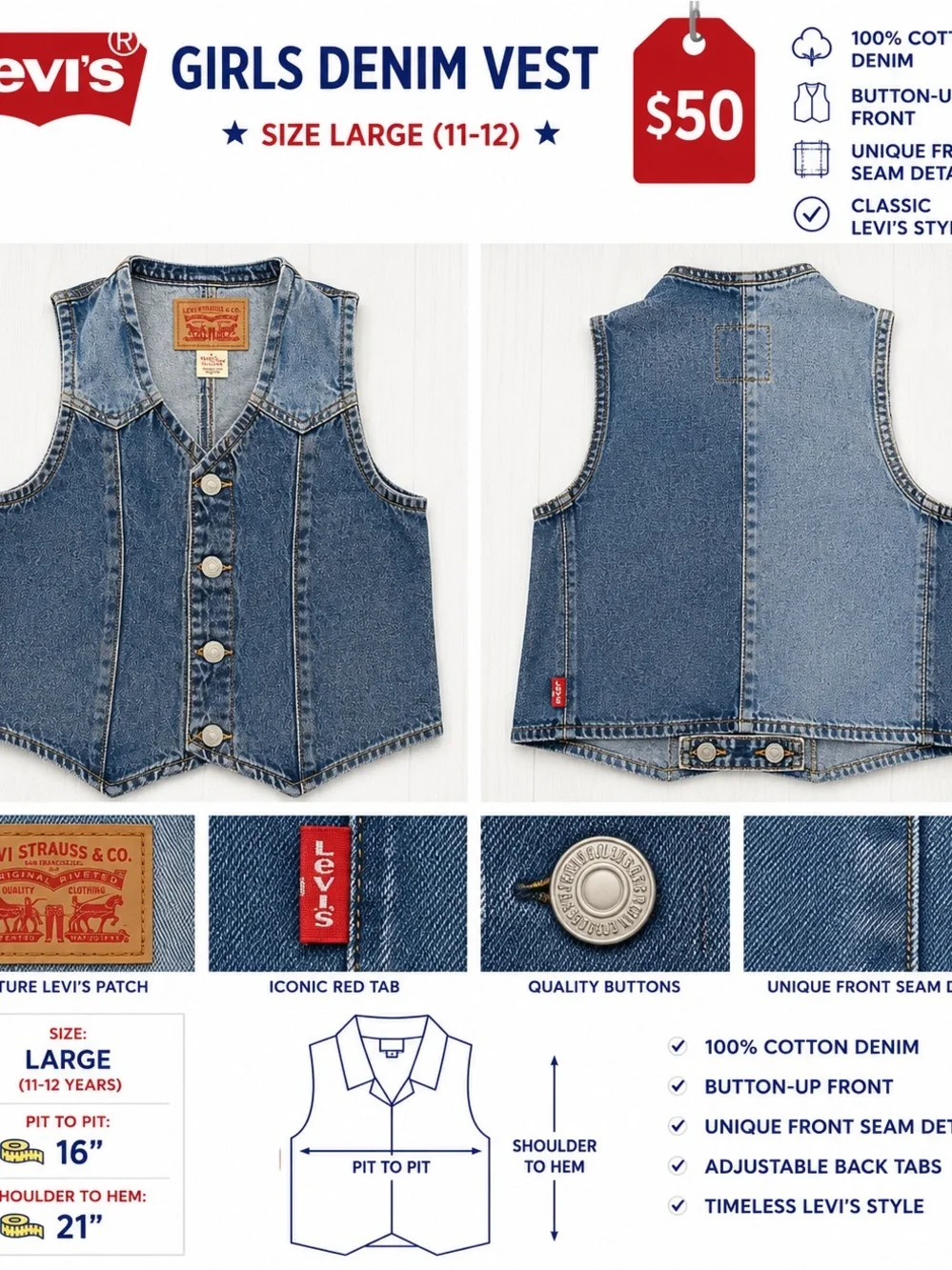 Levi's Girls Denim Vest in Blue Wash